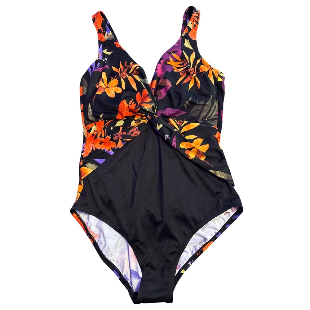 NEW Miraclesuit Black Floral One Piece Swimsuit Tummy Control Twist Front 12